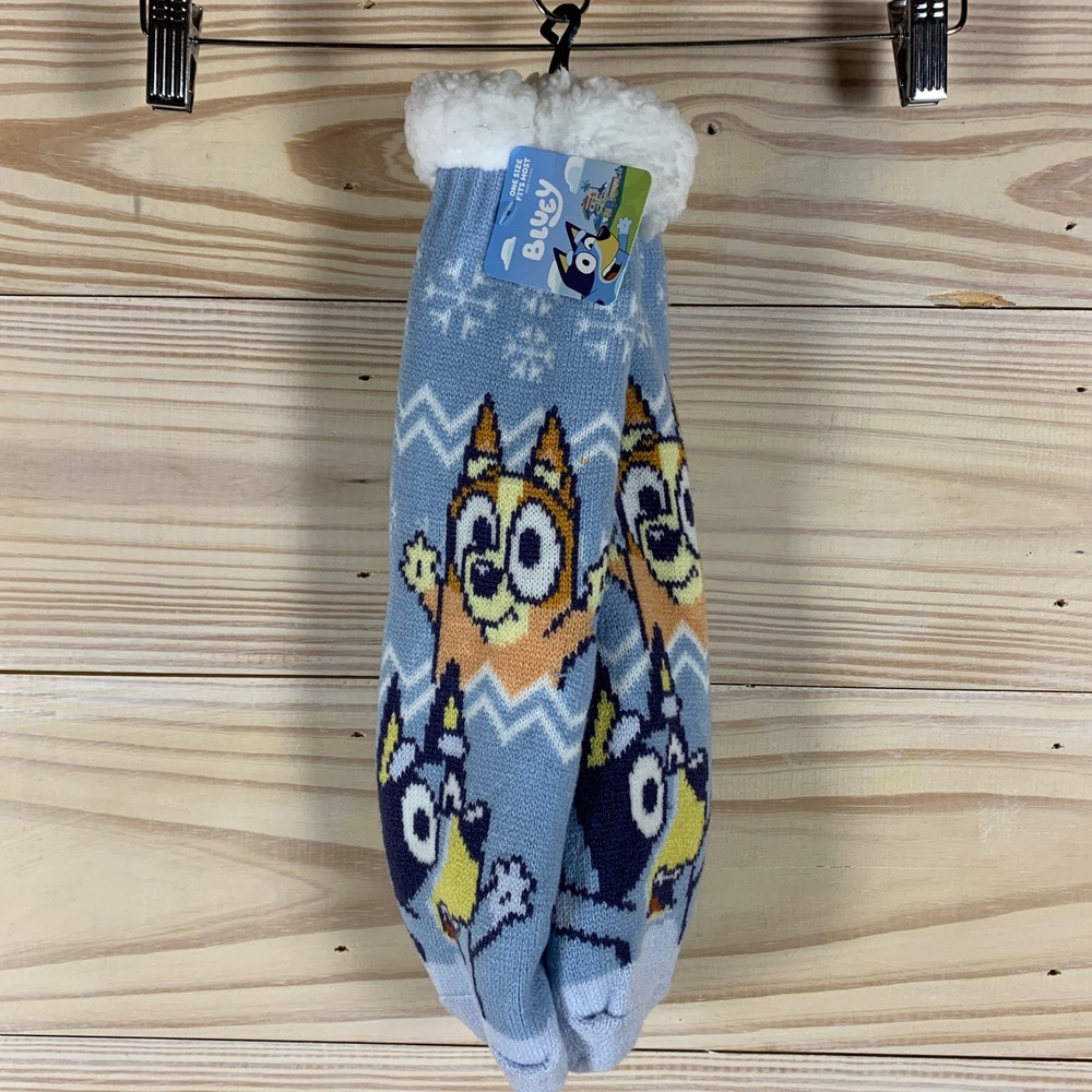 Bluey Slipper Socks Unisex OS Blue Knit Sherpa Lined Non-Slip Gripping Cartoon